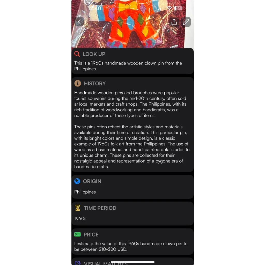 Vibrant 1960s Handmade Wood Clown Star Pin Brings Circus Magic