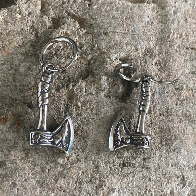 Pendientes de acero inoxidable con hacha vikinga y lobo