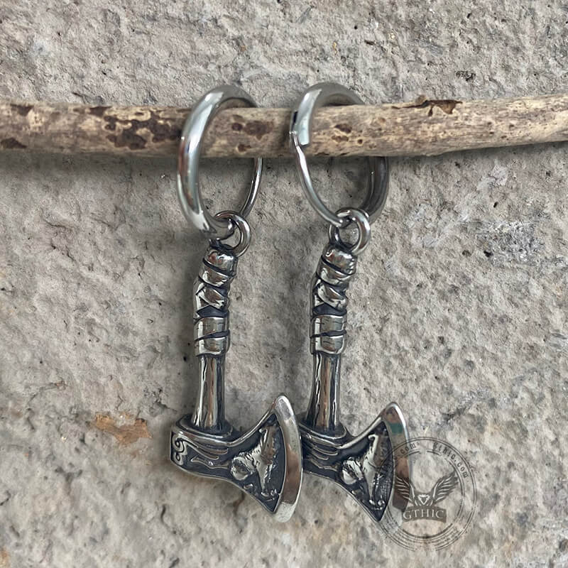 Pendientes de acero inoxidable con hacha vikinga y lobo