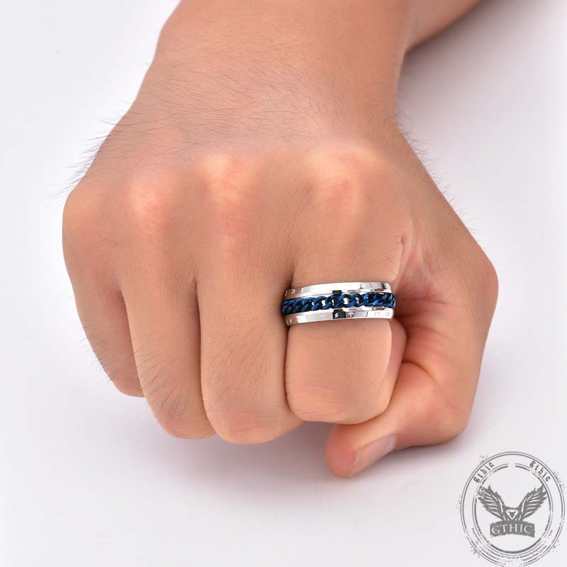 Anillo de acero inoxidable con cadena giratoria y runas vikingas