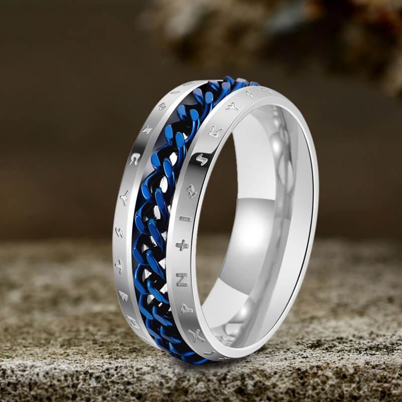 Anillo de acero inoxidable con cadena giratoria y runas vikingas