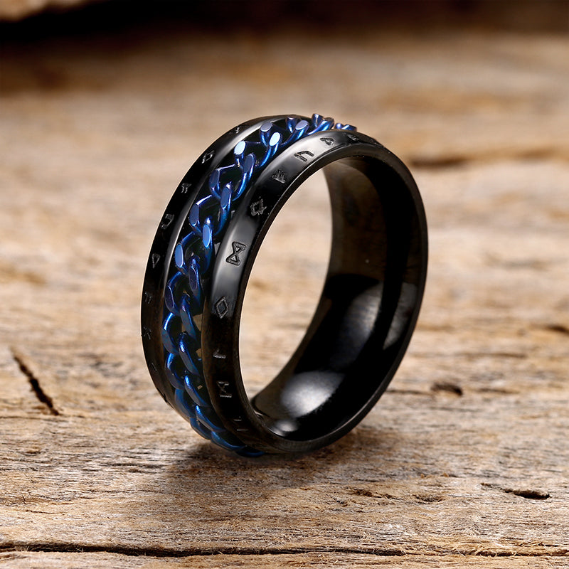 Anillo de acero inoxidable con cadena giratoria y runas vikingas