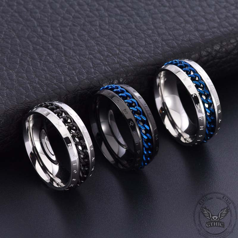 Anillo de acero inoxidable con cadena giratoria y runas vikingas