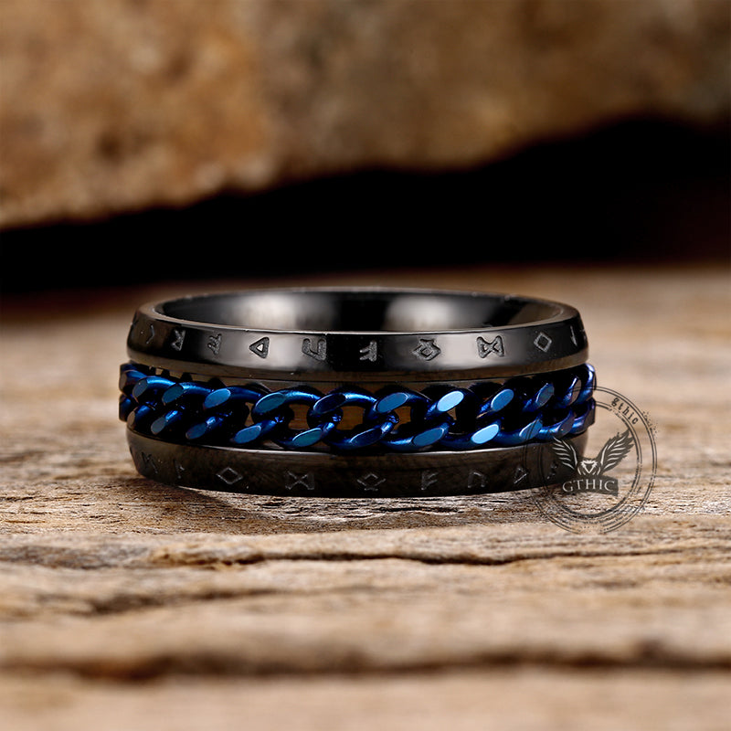 Anillo de acero inoxidable con cadena giratoria y runas vikingas