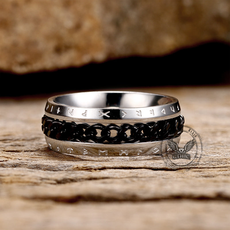Anillo de acero inoxidable con cadena giratoria y runas vikingas
