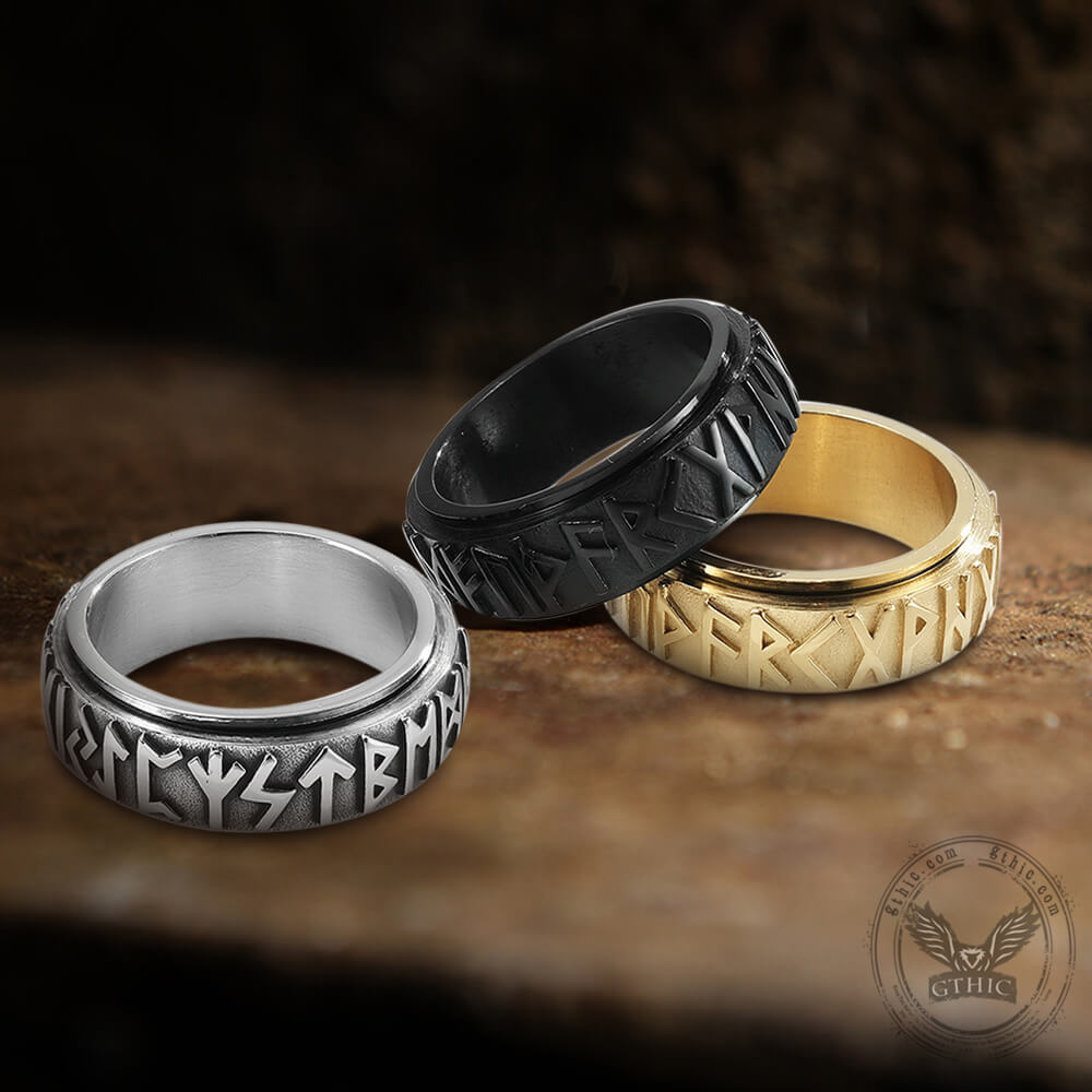 Anillo giratorio de acero inoxidable con runas vikingas