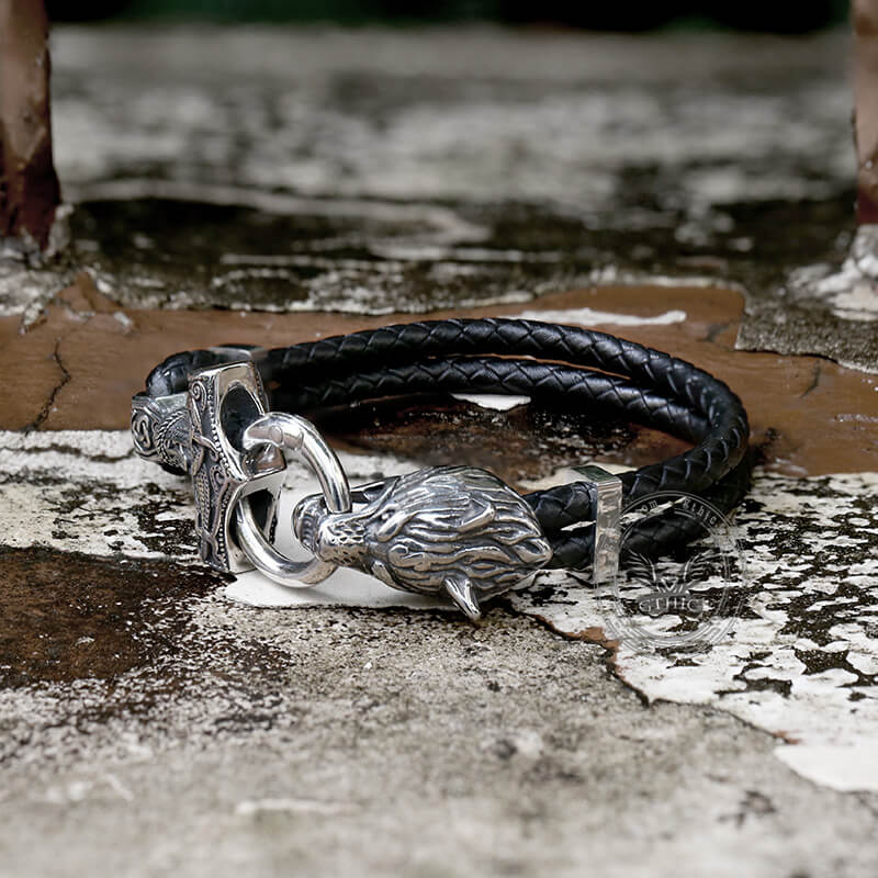 Pulsera de cuero de acero inoxidable con cabeza de lobo vikingo