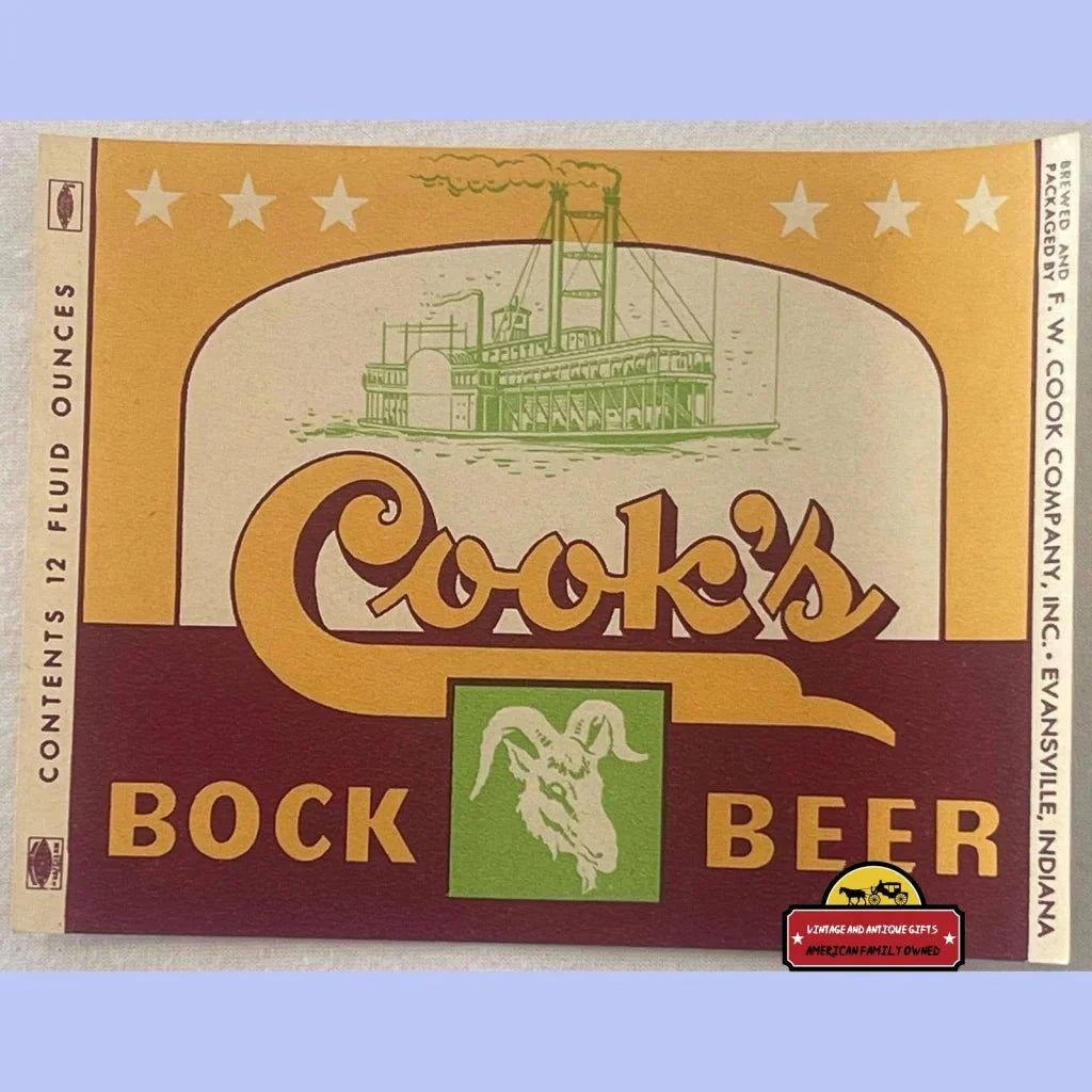 Rare 1940s Cook's Bock Beer Label with Steamboat and Goat Design