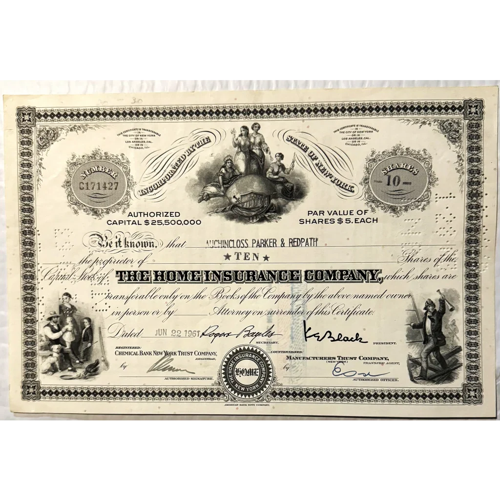 Rare 1950s Home Insurance Company Stock Certificate Discovered