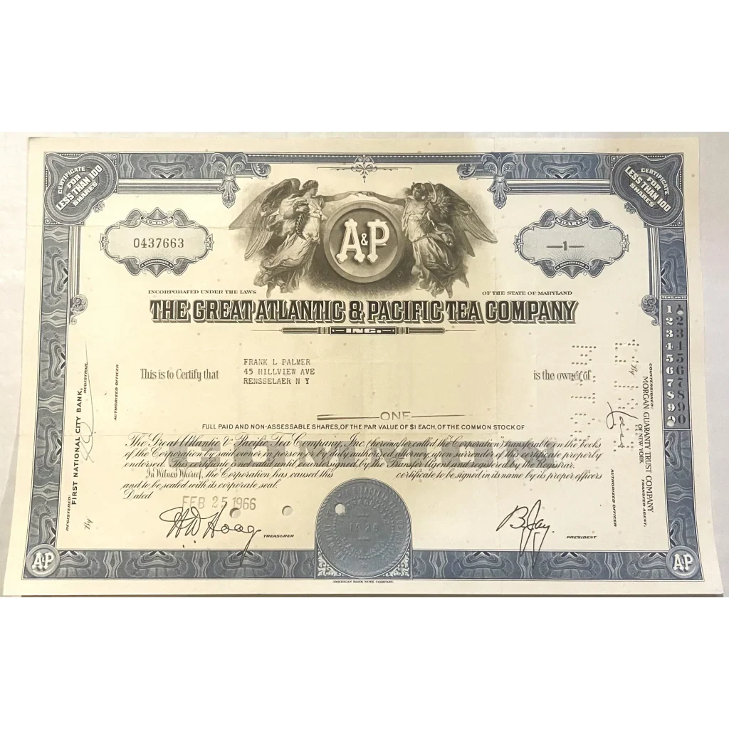 Rare A&P Stock Certificate Blue Vintage Collectible 1950s 1970s