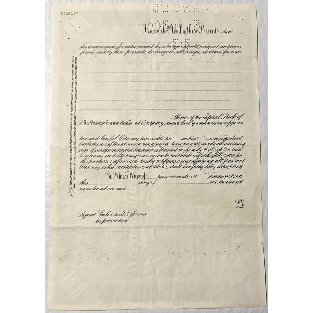 Vintage 1930s - 1950s Pennsylvania Railroad "Pennsy" Stock Certificate, Green