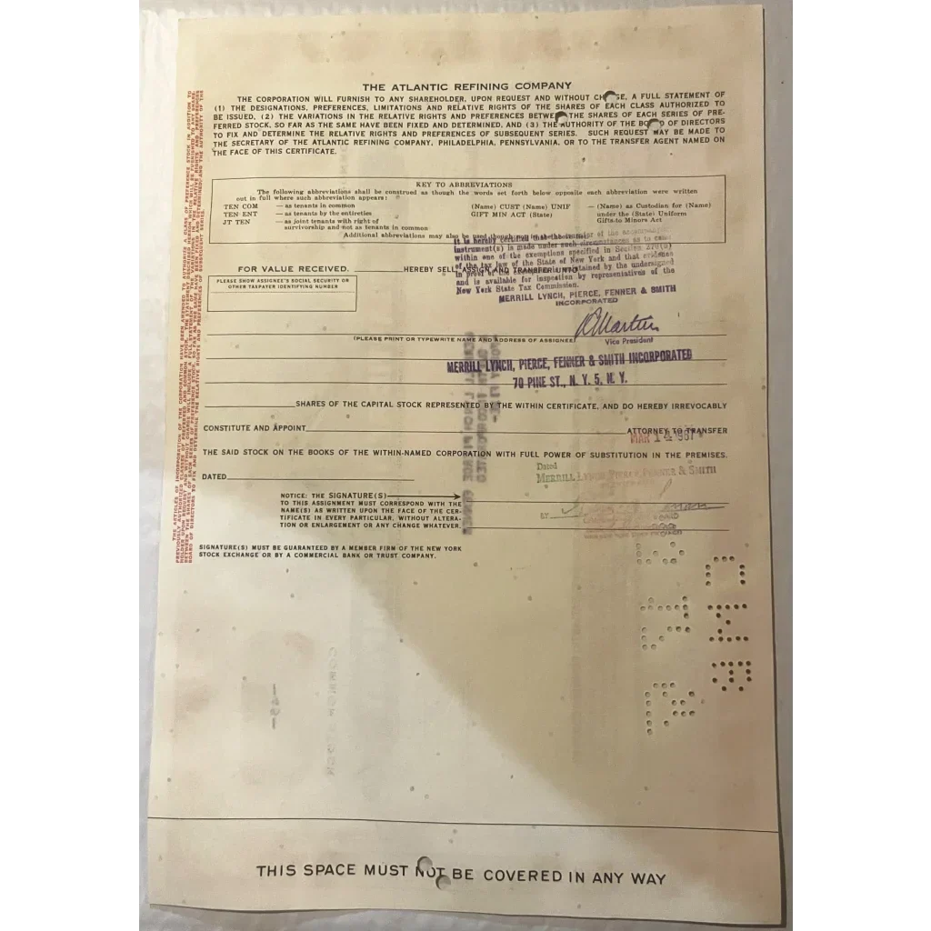 Rare 1960s Atlantic Refining Company Stock Certificate