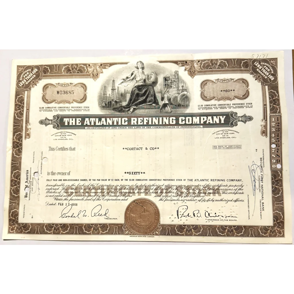 Rare 1960s Atlantic Refining Company Stock Certificate Unveiled