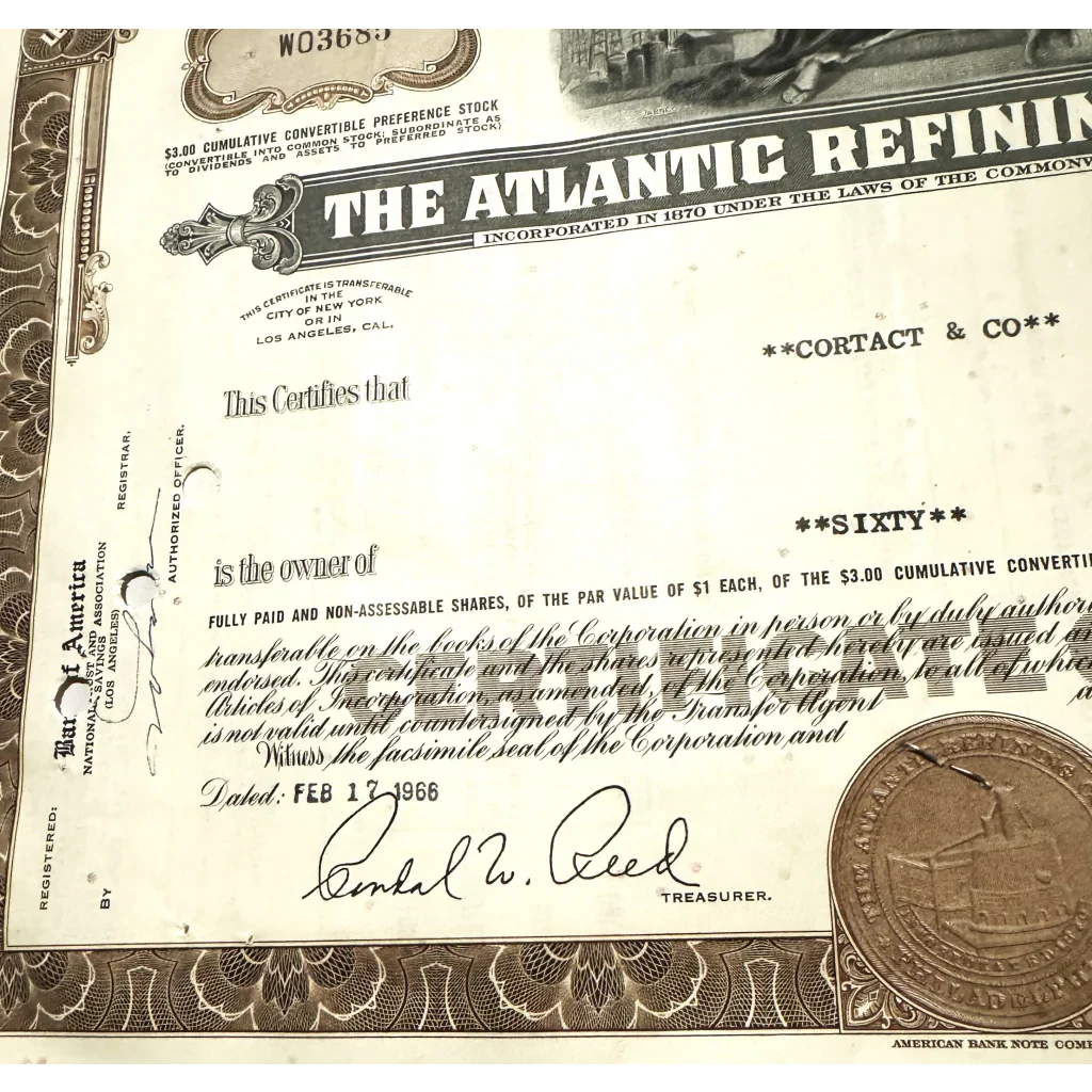 Rare 1960s Atlantic Refining Company Stock Certificate Unveiled