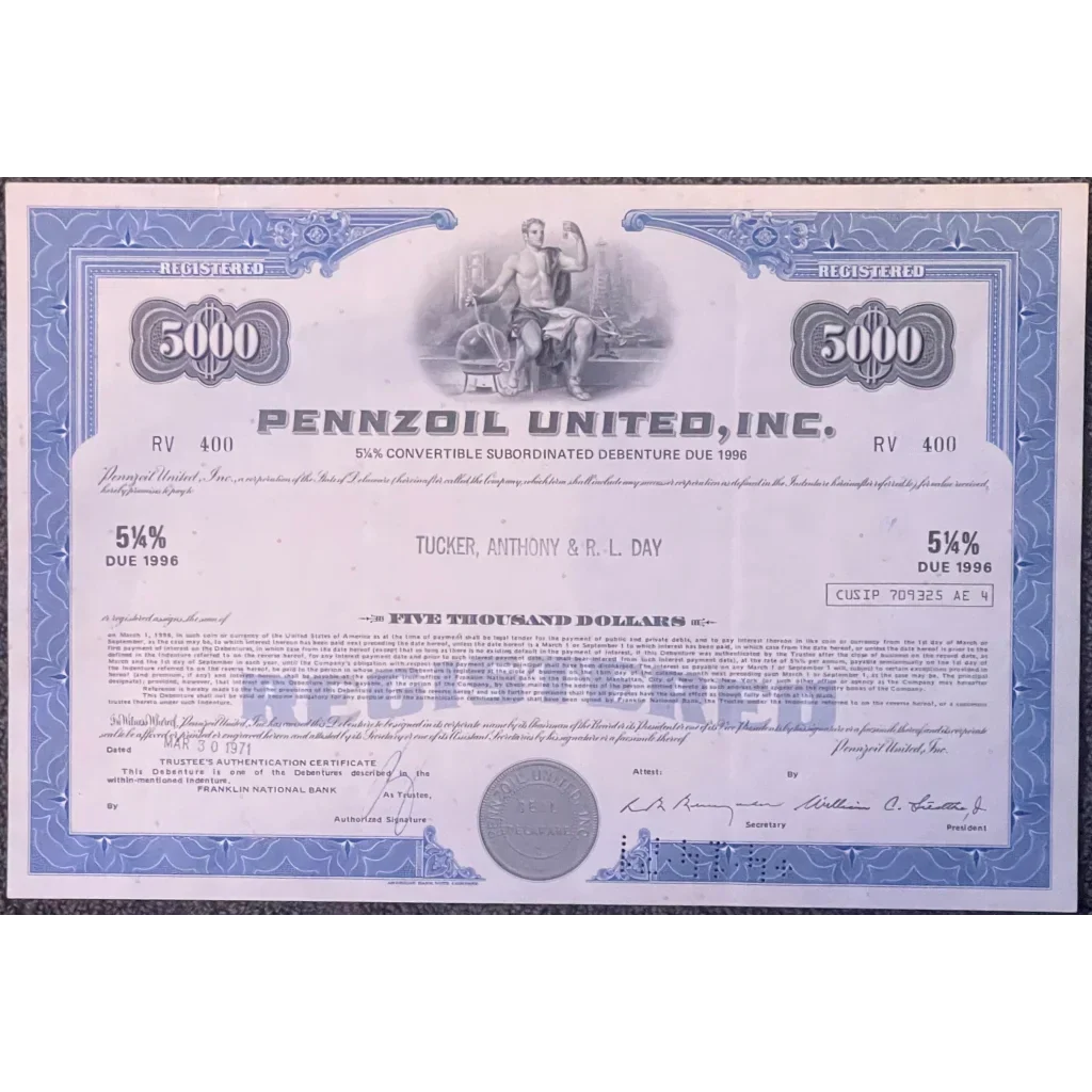 Rare 1970s Pennzoil Stock Certificate 5000 Shares Blue Vintage