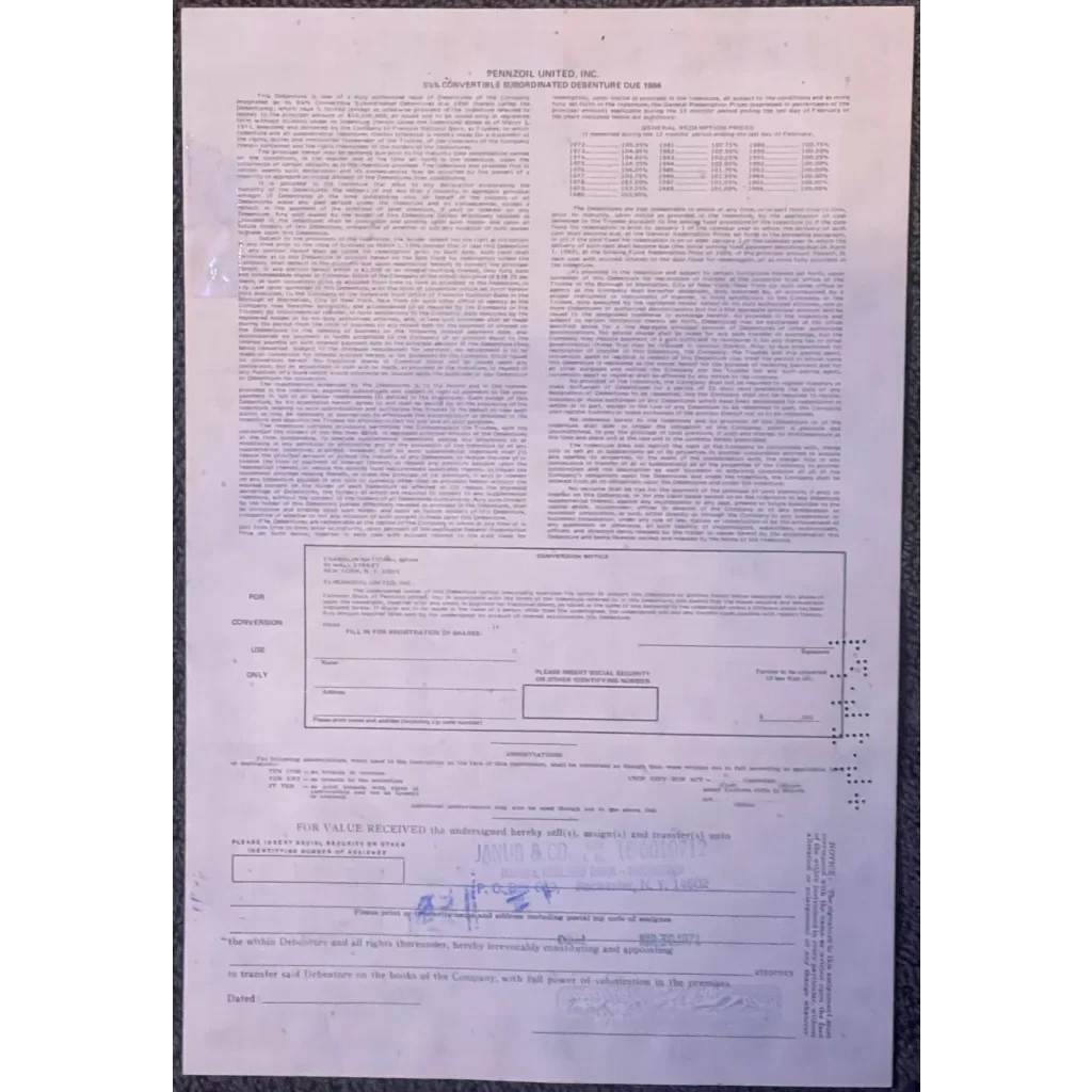 Rare 1970s Pennzoil Stock Certificate 5000 Shares Blue Vintage