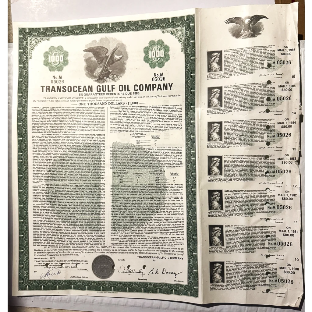 Rare 1971 Transocean Gulf Oil Bond Certificate Collectible