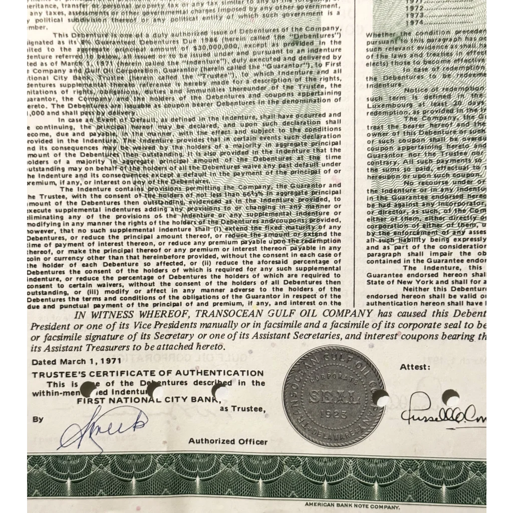 Rare 1971 Transocean Gulf Oil Bond Certificate Collectible