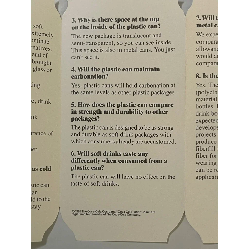 Rare 1985 Coca Cola Plastic Can Pamphlet Collectible