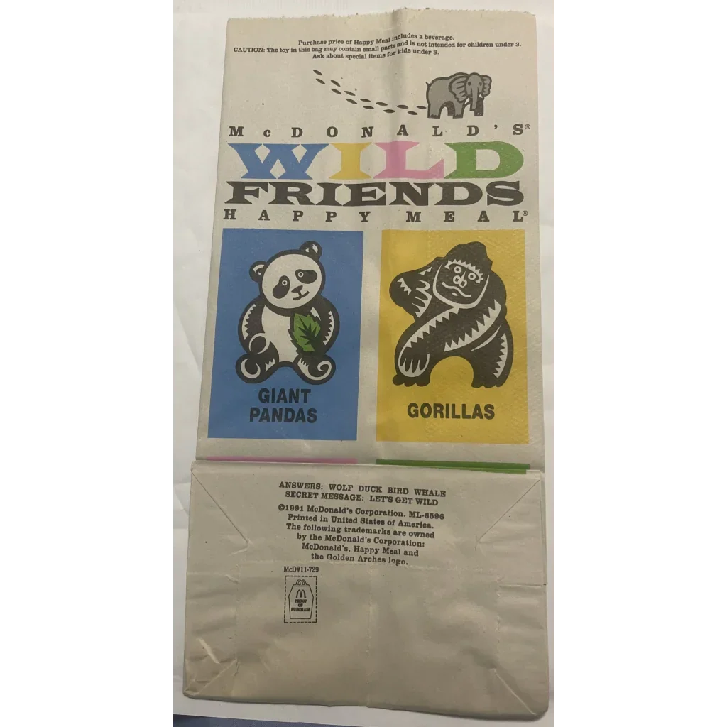 Rare Vintage 1990s McDonald's Happy Meal Bag with Wild Animals