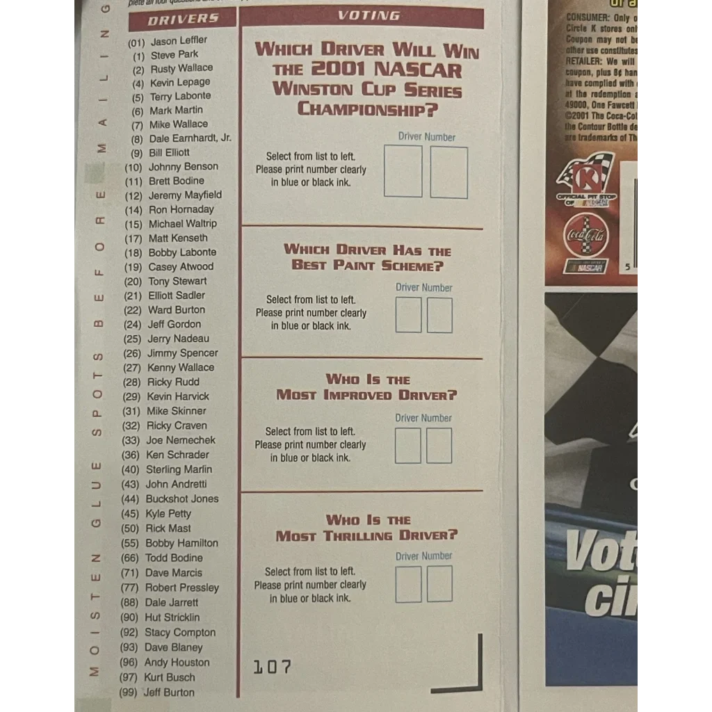 Rare 2001 Winston Cup Ballot NASCAR Collectible