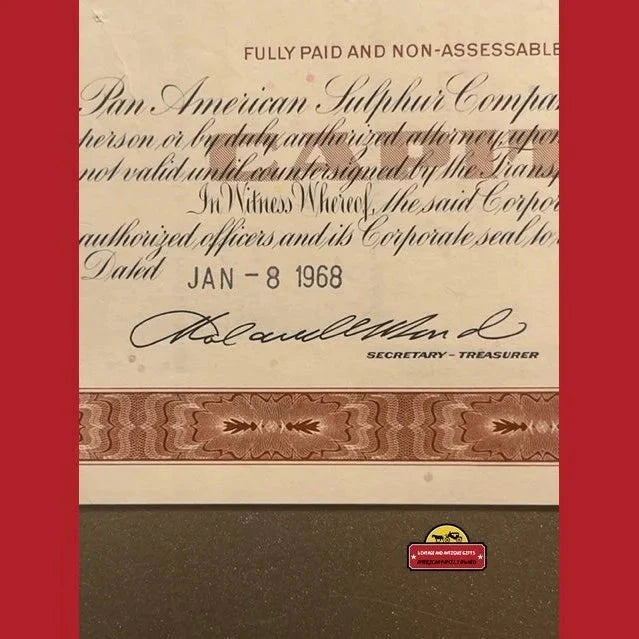Rare 1960s Pan American Sulphur Stock Certificate From Delaware