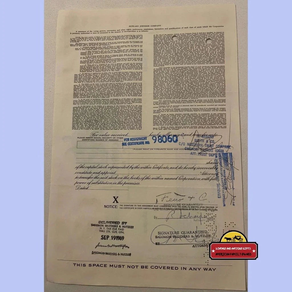 Rare 1960s Howard Johnson HoJo Stock Certificate Collectible