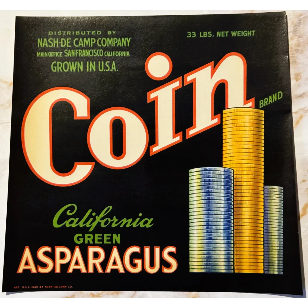 Vintage Nash-De Camp Coin Asparagus Crate Label Treasure
