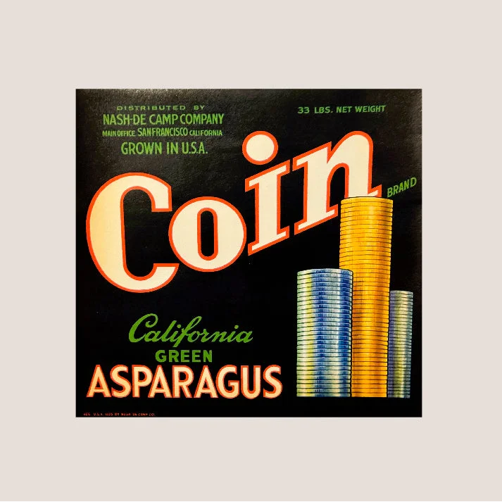 Vintage Nash-De Camp Coin Asparagus Crate Label Treasure