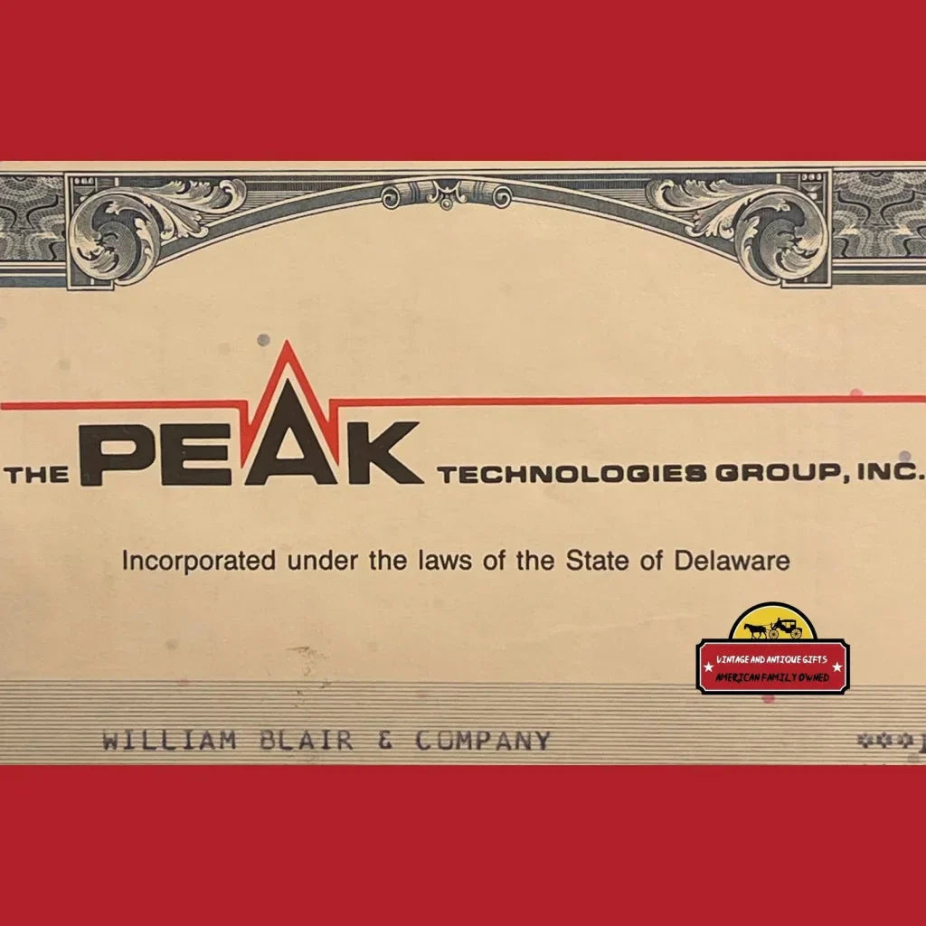 Rare Vintage Peak Technologies Stock Certificate 90s Dot Com Era