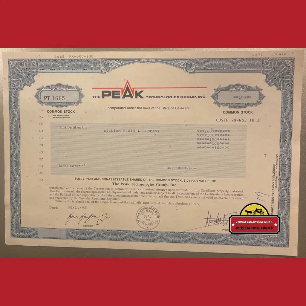 Rare Vintage Peak Technologies Stock Certificate 90s Dot Com Era