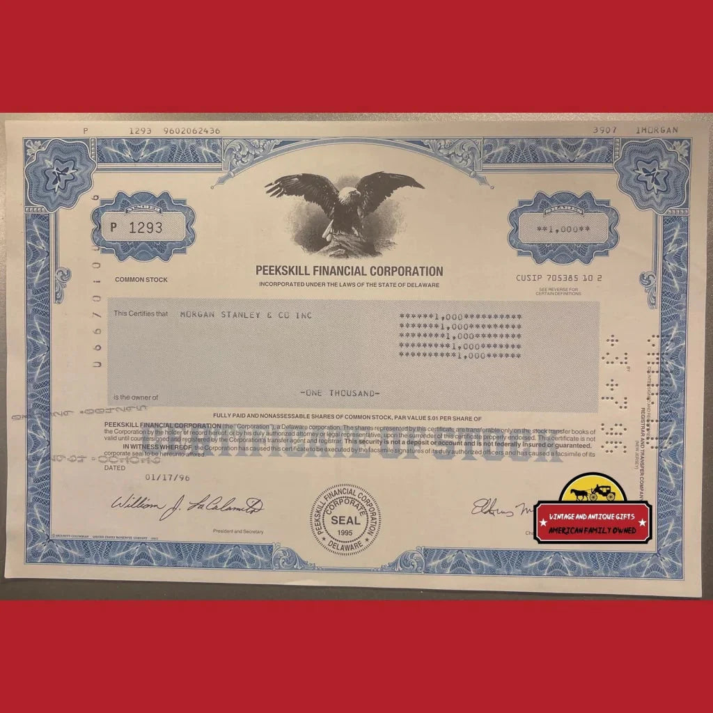 Rare Peekskill Financial Stock Certificate From 1990s