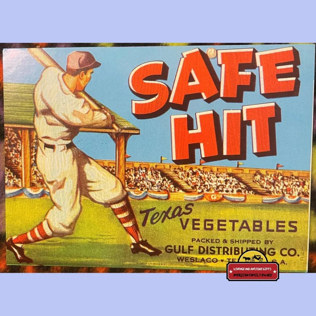 Pristine 1950s Vintage Safe Hit Baseball Crate Label from Texas