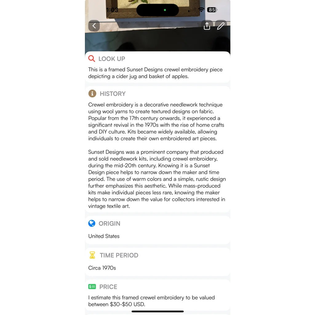 Vintage Sunset Designs Crewel Embroidery Cider Jug Art