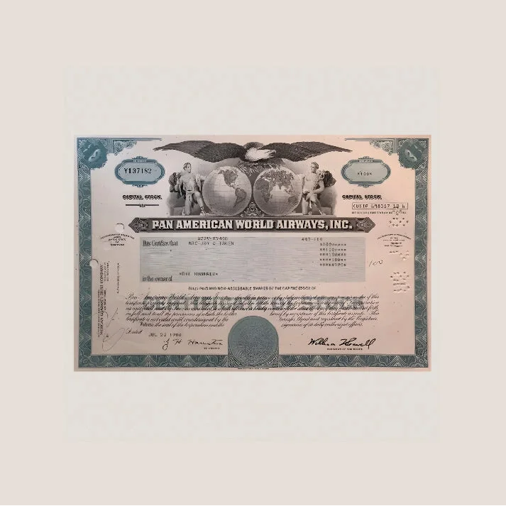 Vintage Teal Pan Am World Airways Stock Certificate Soars Again