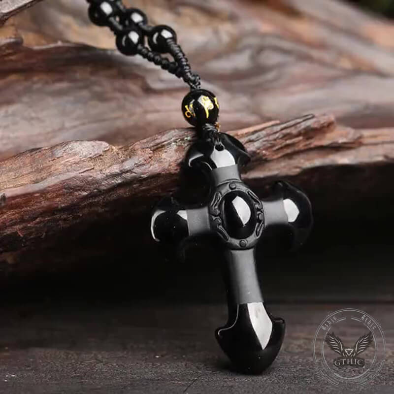 Vintage Cross Obsidian Frosted Pendant