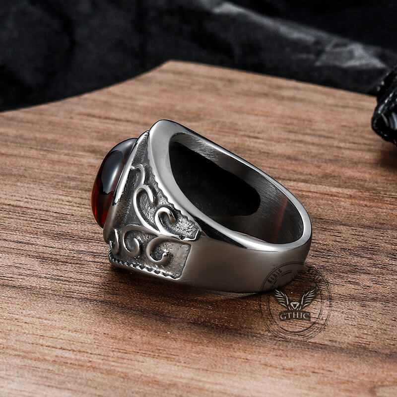 Anillo vintage de acero inoxidable con rubí y flores grabadas