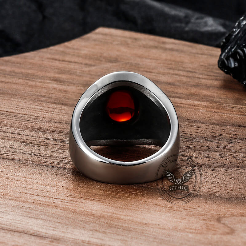 Anillo vintage de acero inoxidable con rubí y flores grabadas