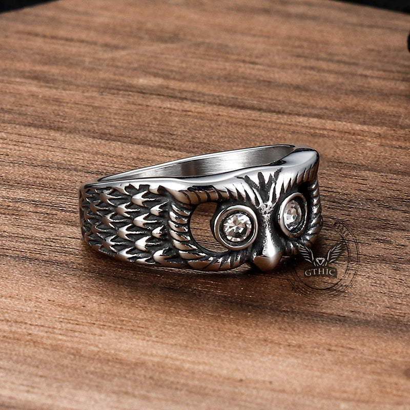 Vintage Gem-set Owl Stainless Steel Ring