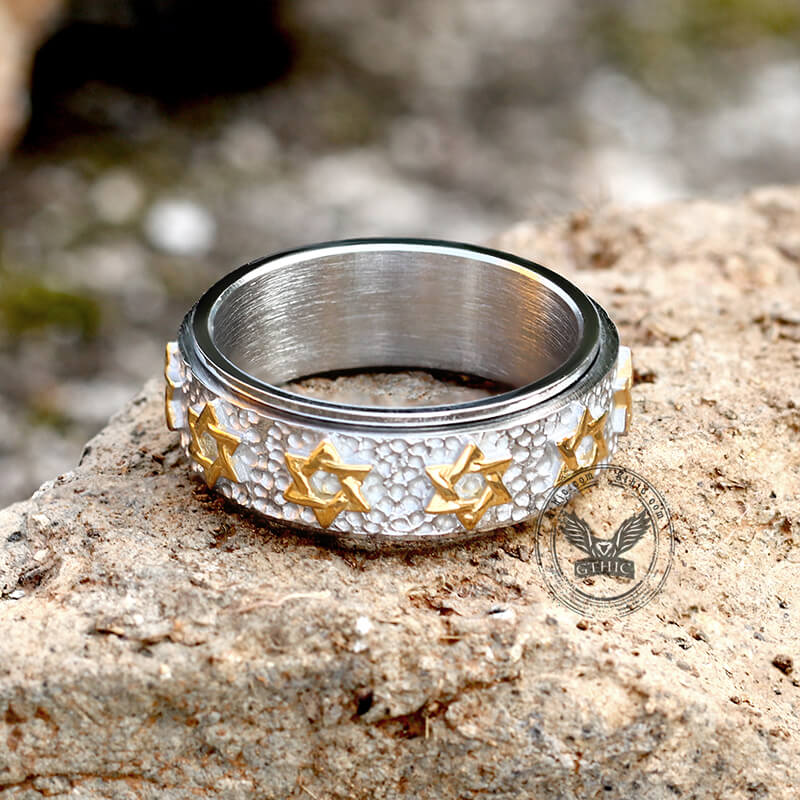 Anillo giratorio de acero inoxidable con hexagrama vintage