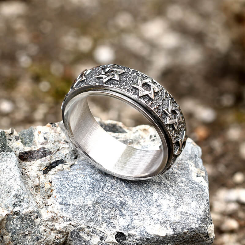 Anillo giratorio de acero inoxidable con hexagrama vintage