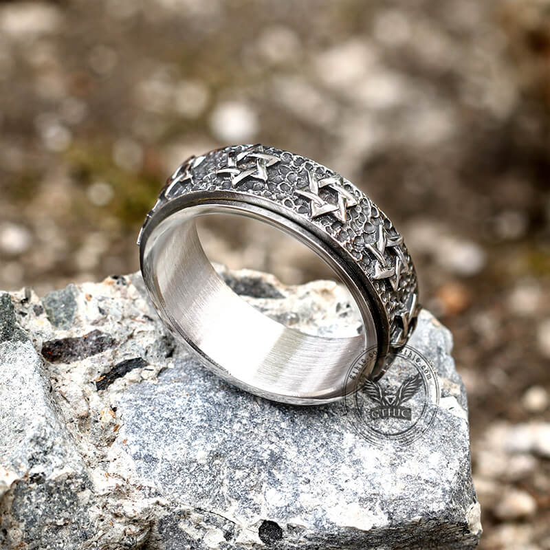 Anillo giratorio de acero inoxidable con hexagrama vintage