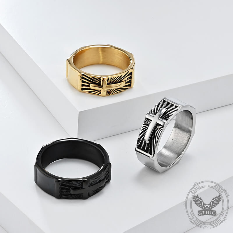 Vintage Polished Cross Pattern Stainless Steel Ring