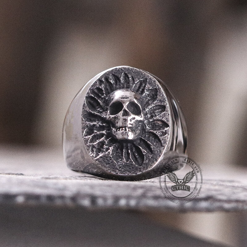 Vintage Sunflower Skull Stainless Steel Ring