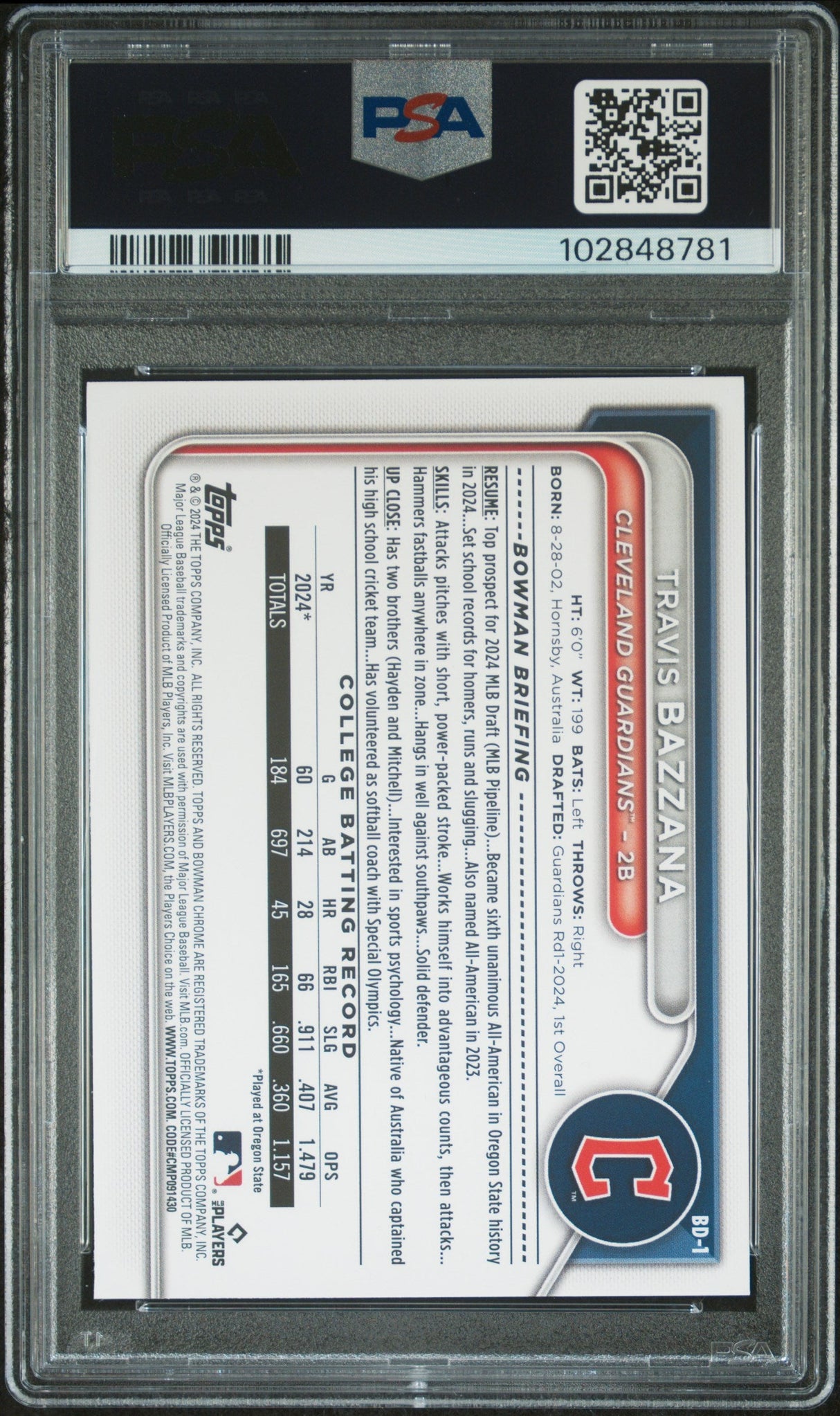 Tarjeta de béisbol RC Travis Bazzana #BD1 Rookie del Draft Topps Bowman 2024, calificada, PSA 10 Gem Mint