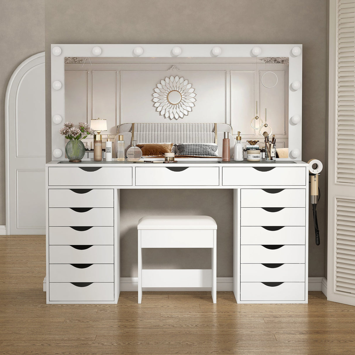 Yanosaku VD008 Bedroom Makeup Vanity desk with LED Mirro, 15 Drawers