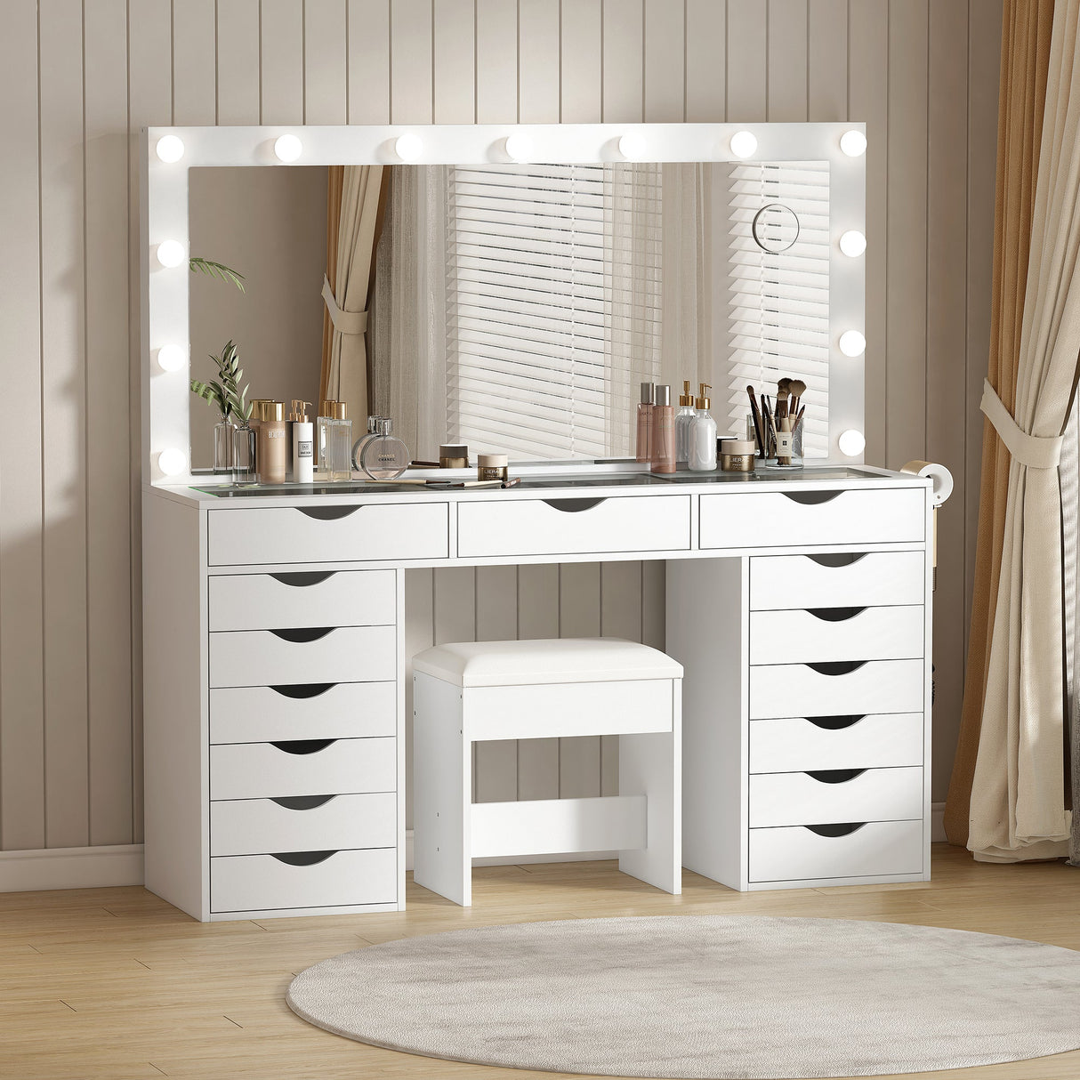 Yanosaku VD008 Bedroom Makeup Vanity desk with LED Mirro, 15 Drawers