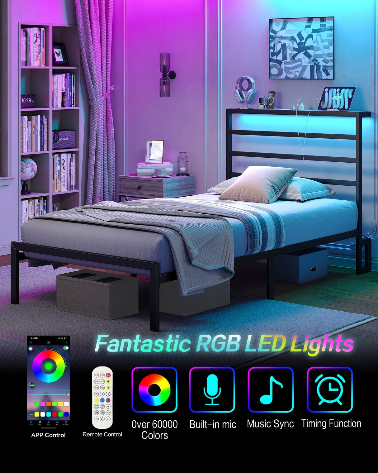 Yanosaku BF006-GR-T Twin Classic Metal Bed Frame with LED Lights & Charging-4