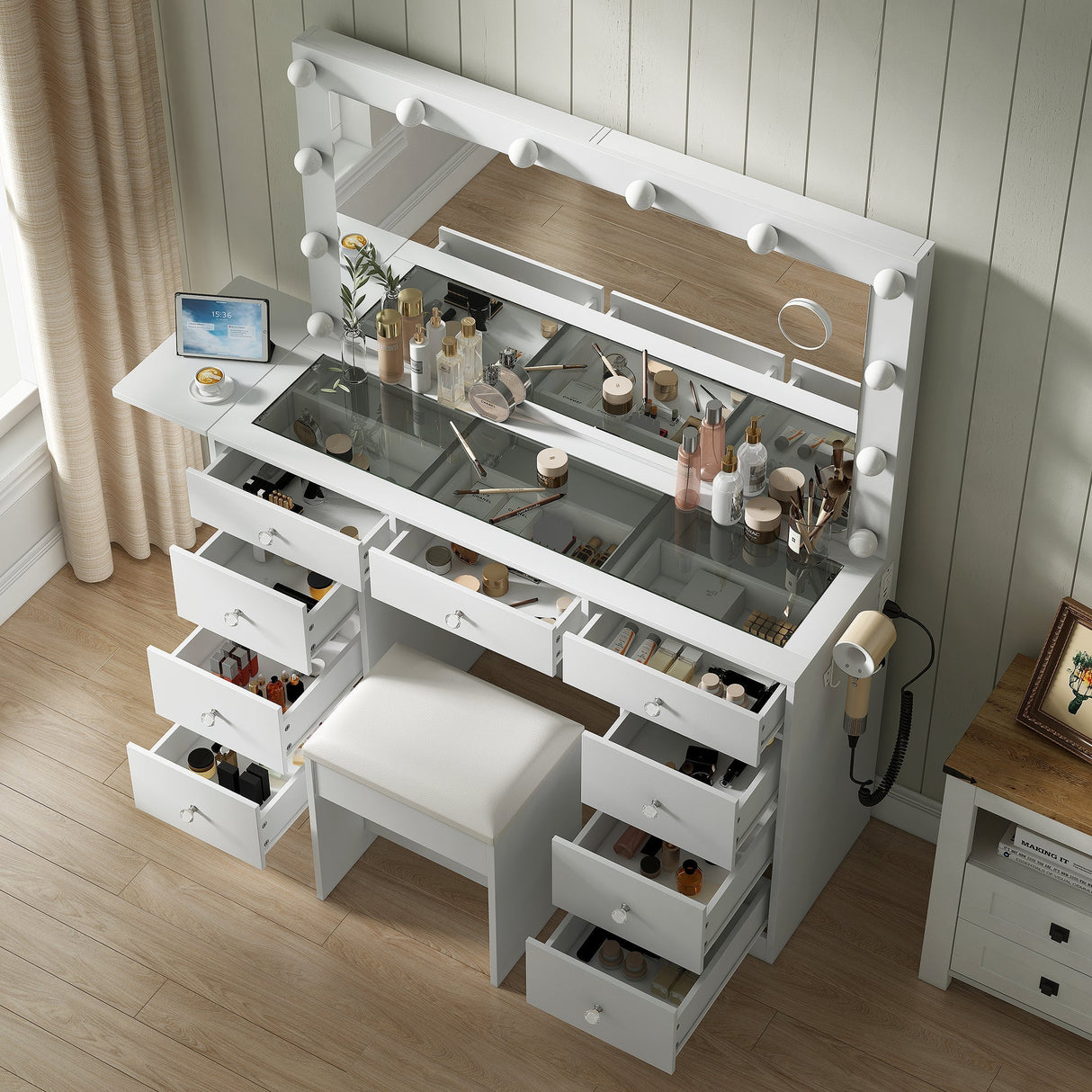 Yanosaku VD007 Bedroom Makeup Vanity desk with LED Mirror, 9 Drawers