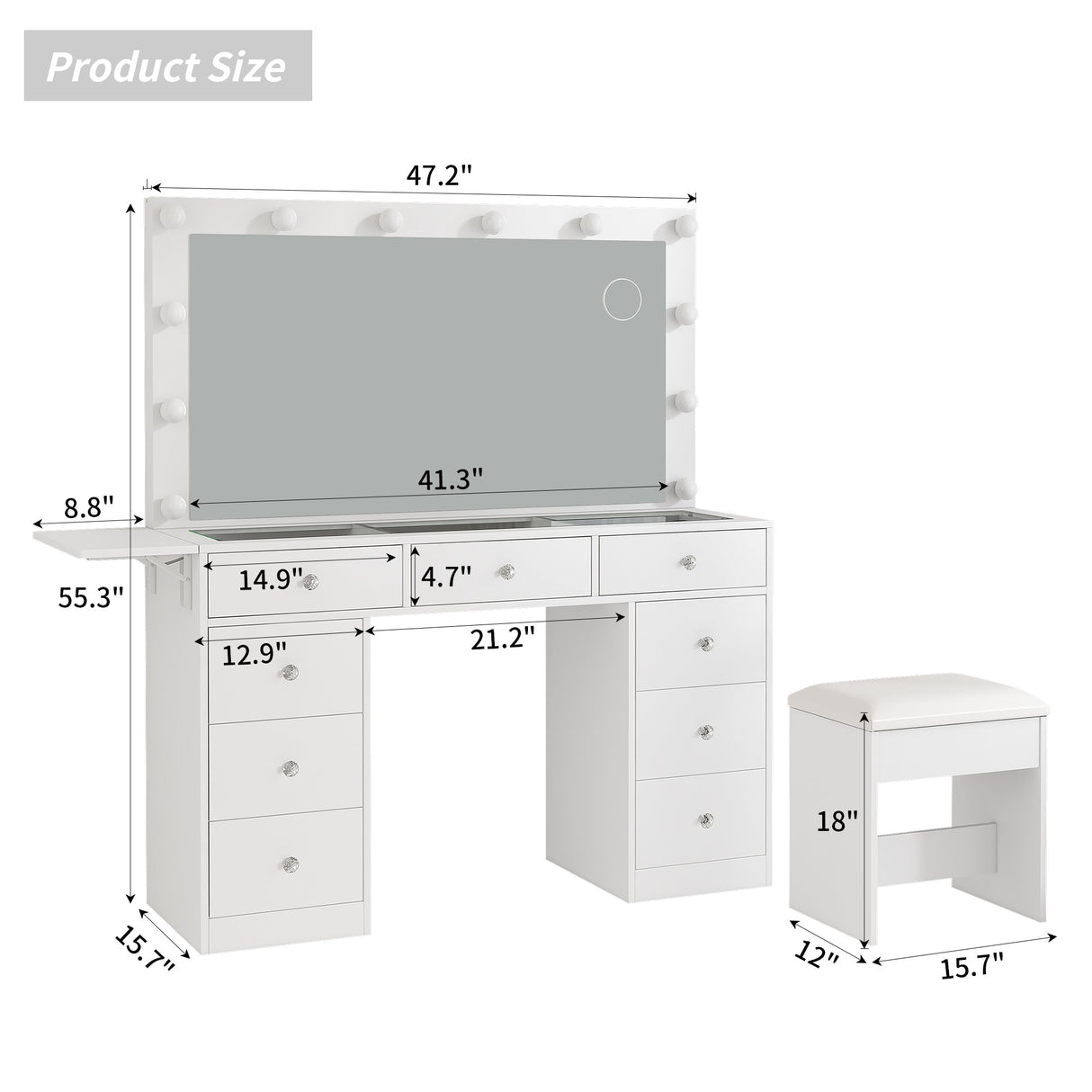 Yanosaku VD007 Bedroom Makeup Vanity desk with LED Mirror, 9 Drawers